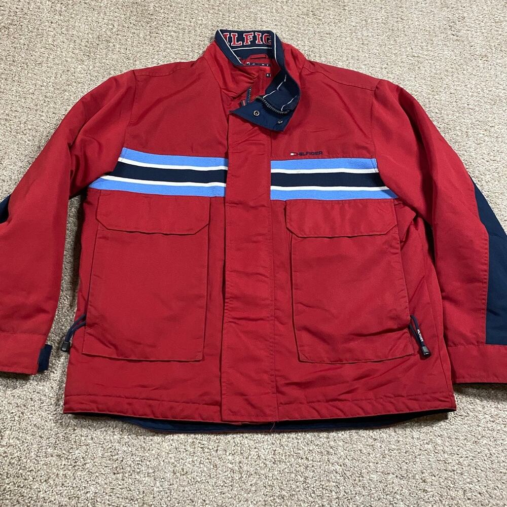 Y2K Tommy Hilfier Jacket Mens L Fleece Lined Preppy Striped Red Winter Warm